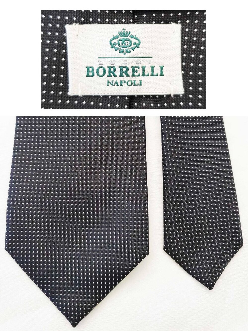 Luigi Borrelli Napoli Men's Black Silk White Polka dot Neck Tie Italy